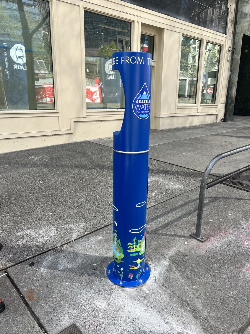Close-up of the Stevie Shao artwork wrapped on the water refill station